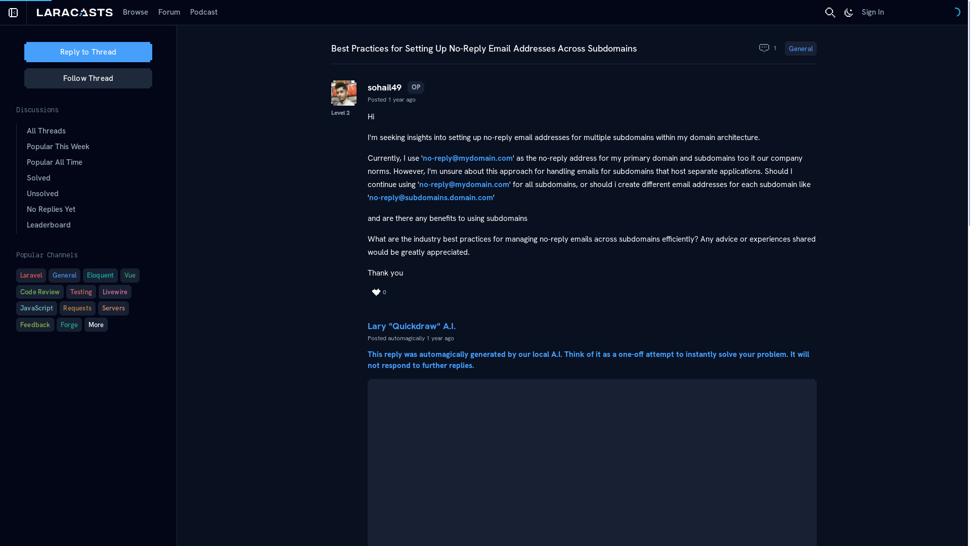 website screenshot of https://laracasts.com/index.php/discuss/channels/general-discussion/best-practices-for-setting-up-no-reply-email-addresses-across-subdomains#:~:text=**Feedback%20Loop**:%20Although,Reply