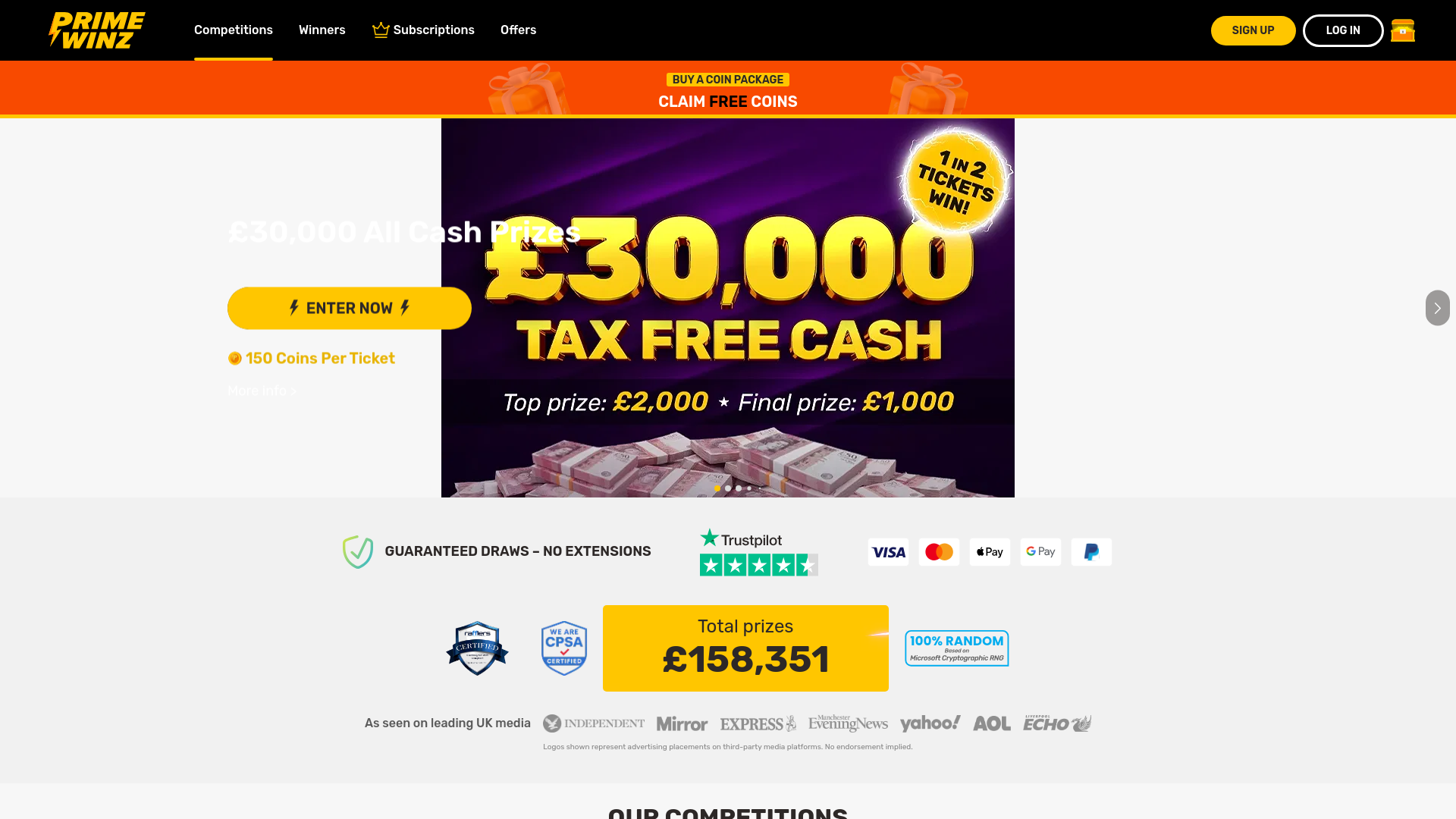 website screenshot of https://www.primewinz.com/