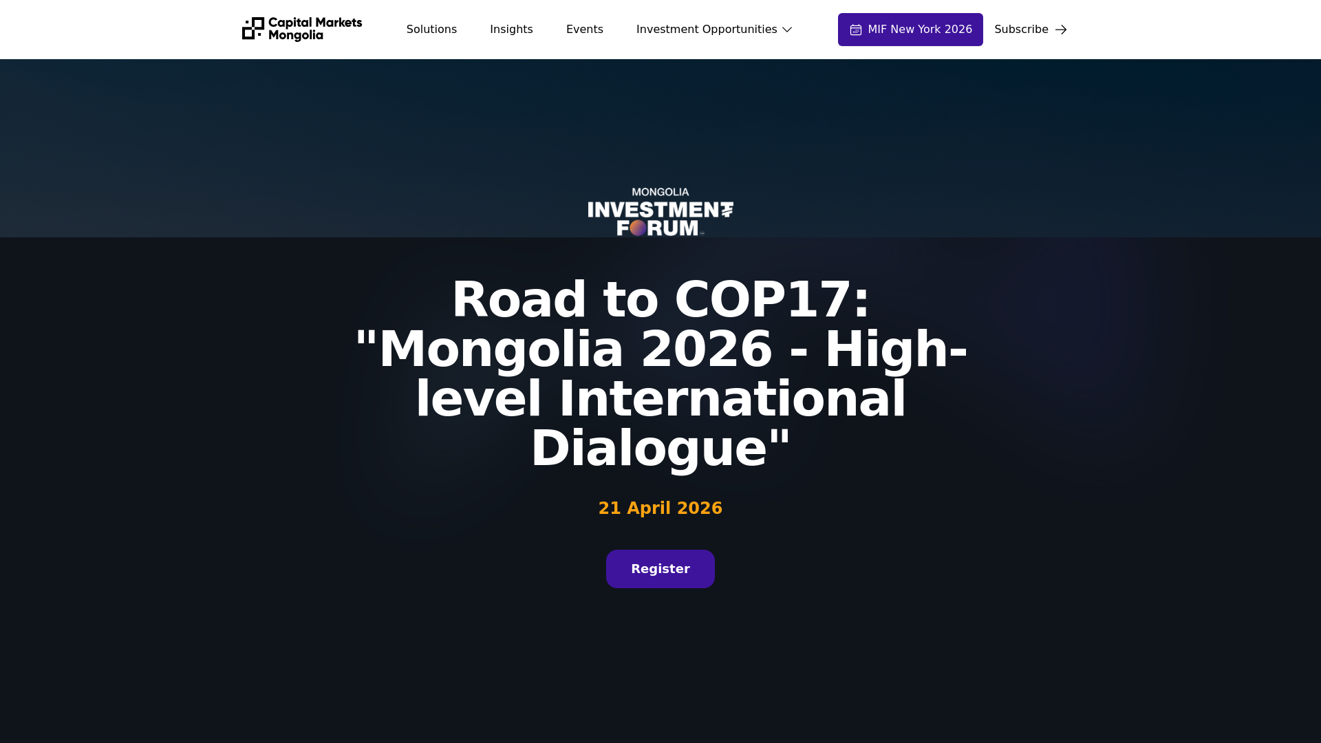 website screenshot of https://capitalmarkets.mn/events/cop17-mongolia-international-dialogue-2026