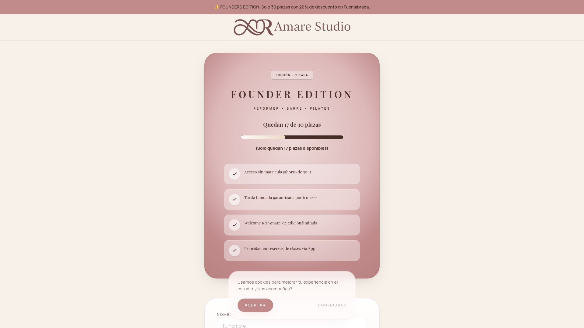 website screenshot of https://amarestudiopilates.com/