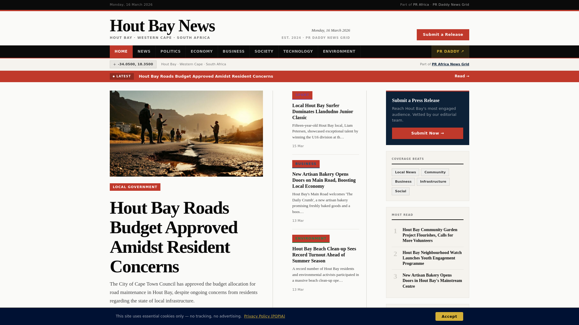 website screenshot of https://houtbaynews.pages.dev/