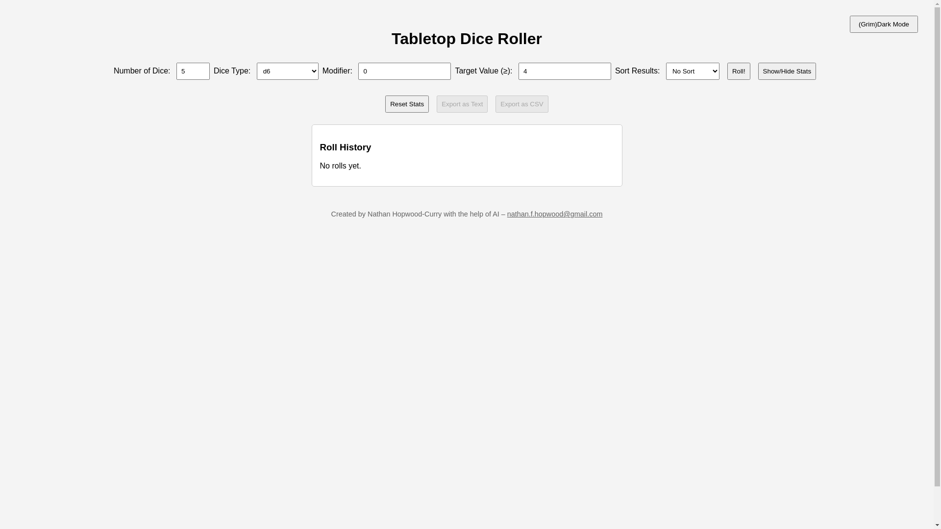 website screenshot of https://diceroller.uk/