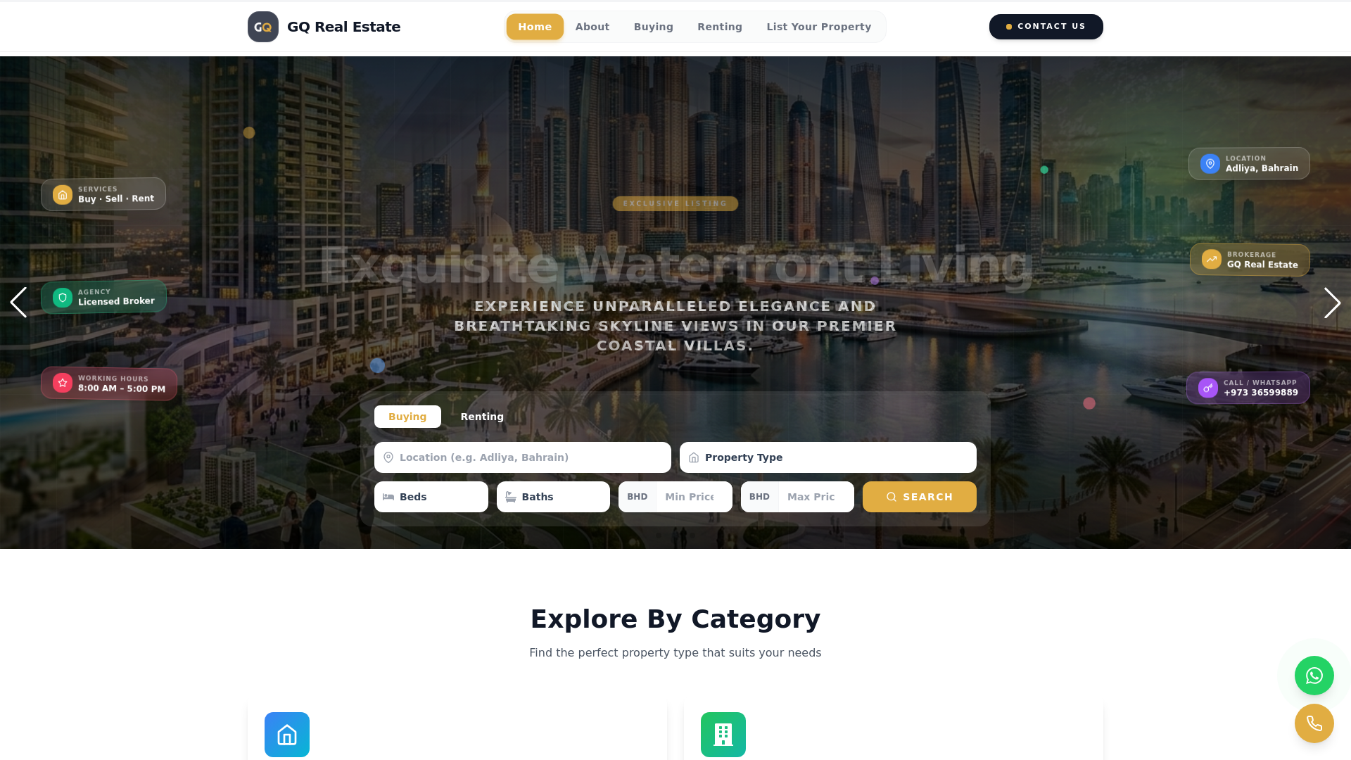 website screenshot of https://gqrealestatebh.com