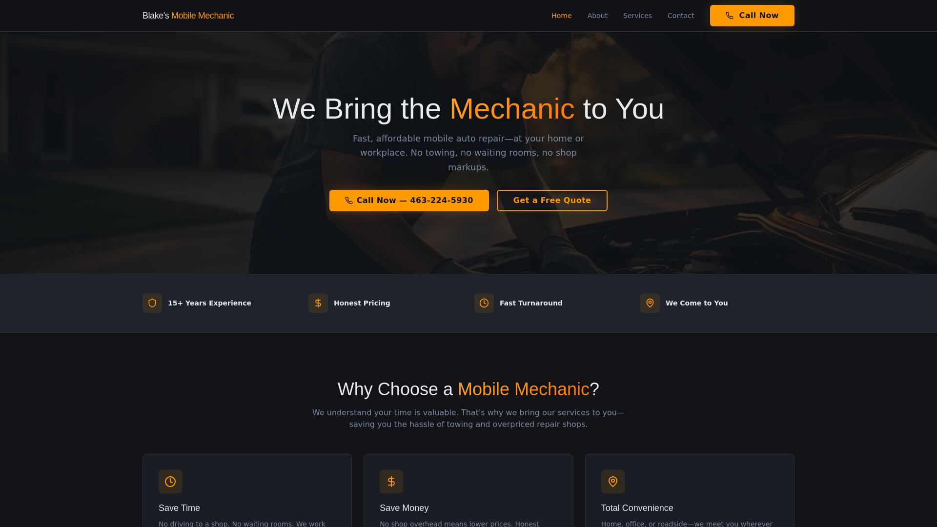 website screenshot of https://blakesmobilemechanicservice.com/