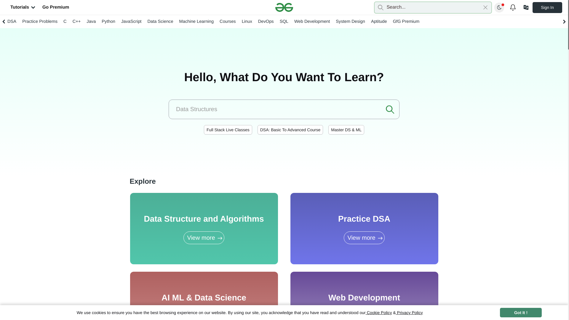 website screenshot of https://geeksforgeeks.org/