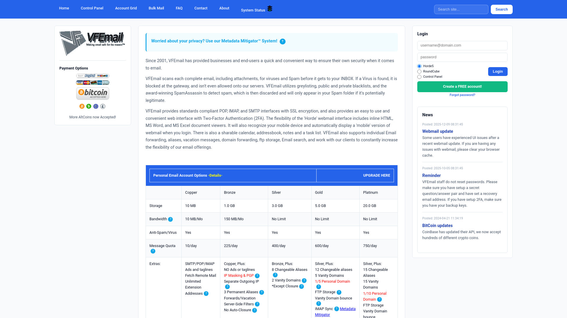 website screenshot of https://vfemail.net/