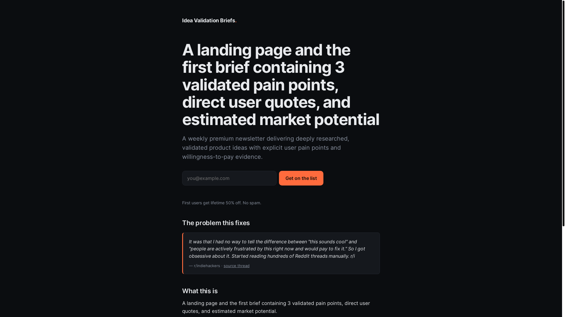 website screenshot of https://idea-validation-briefs-260509.pages.dev/