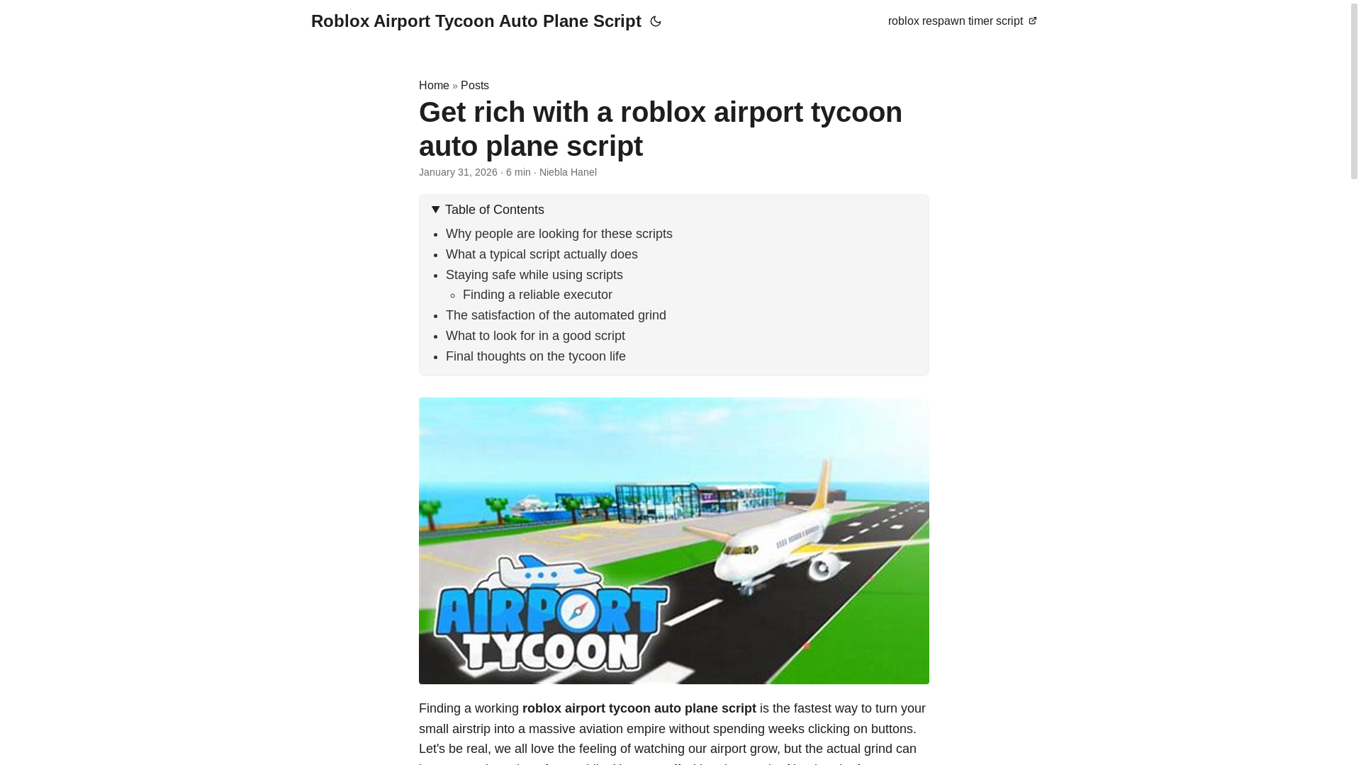 website screenshot of https://roblox-airport-tycoon-auto-plane-script.pages.dev/