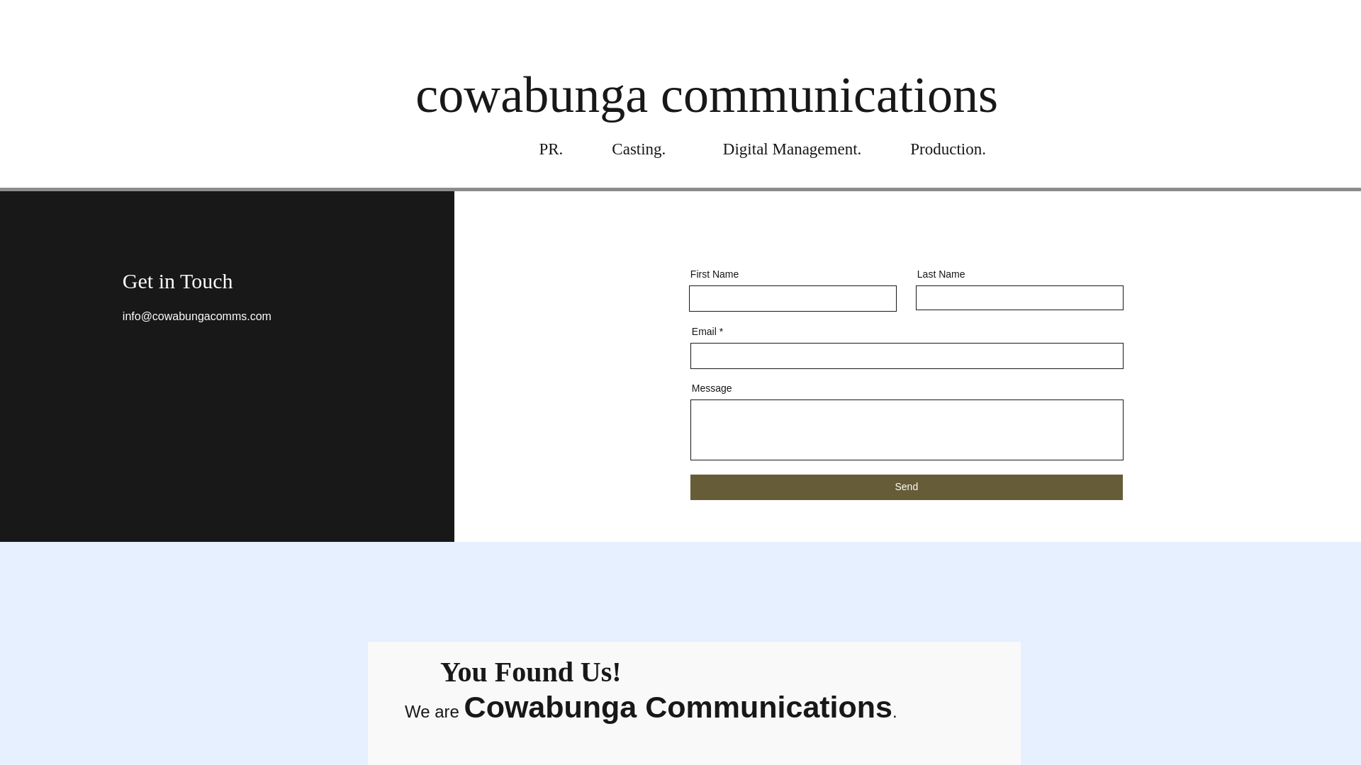 website screenshot of https://cowabungacomms.com/
