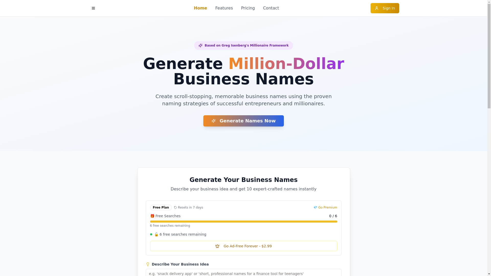 website screenshot of https://millionairenames.site/