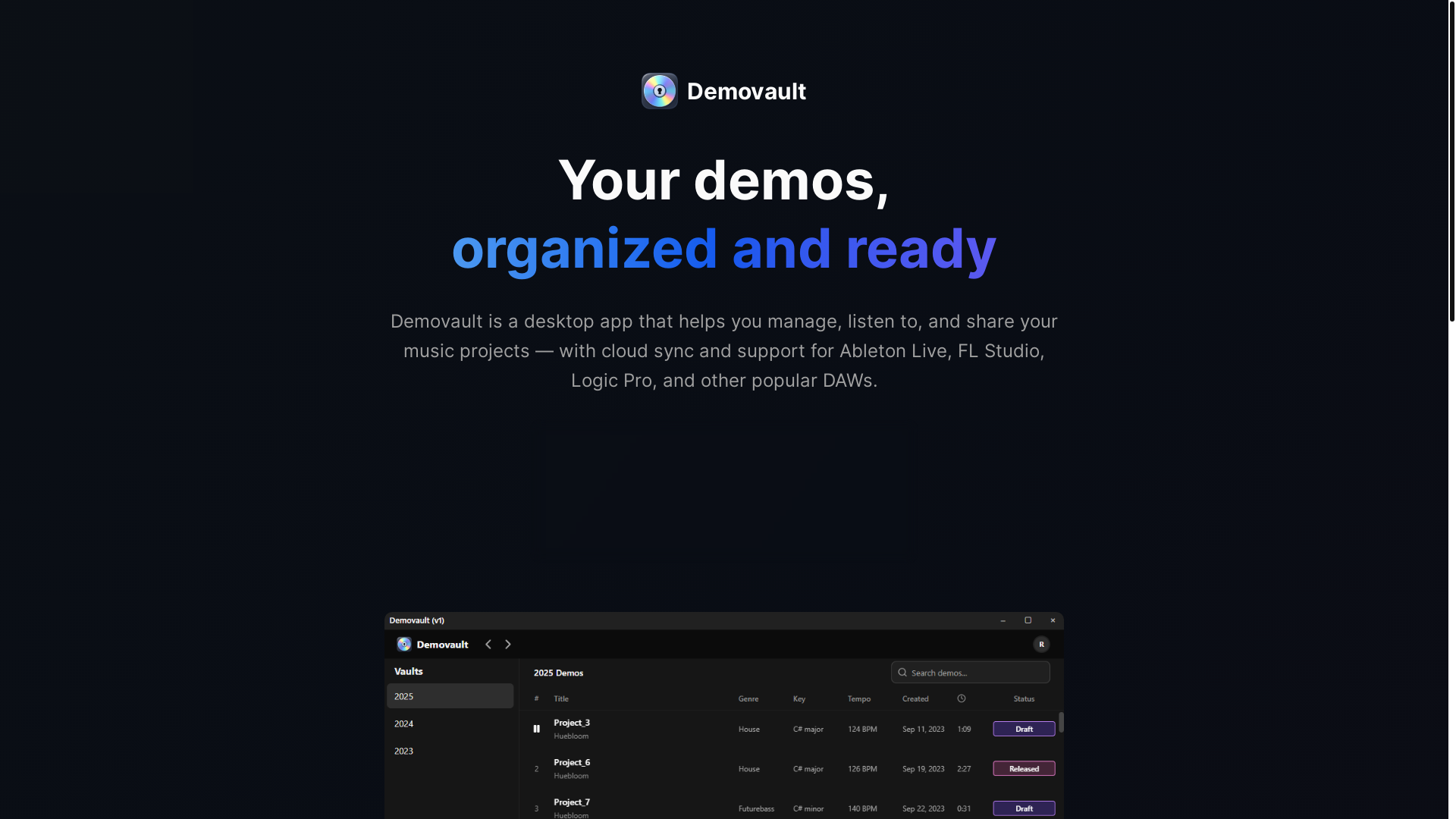 website screenshot of https://demovault.app/