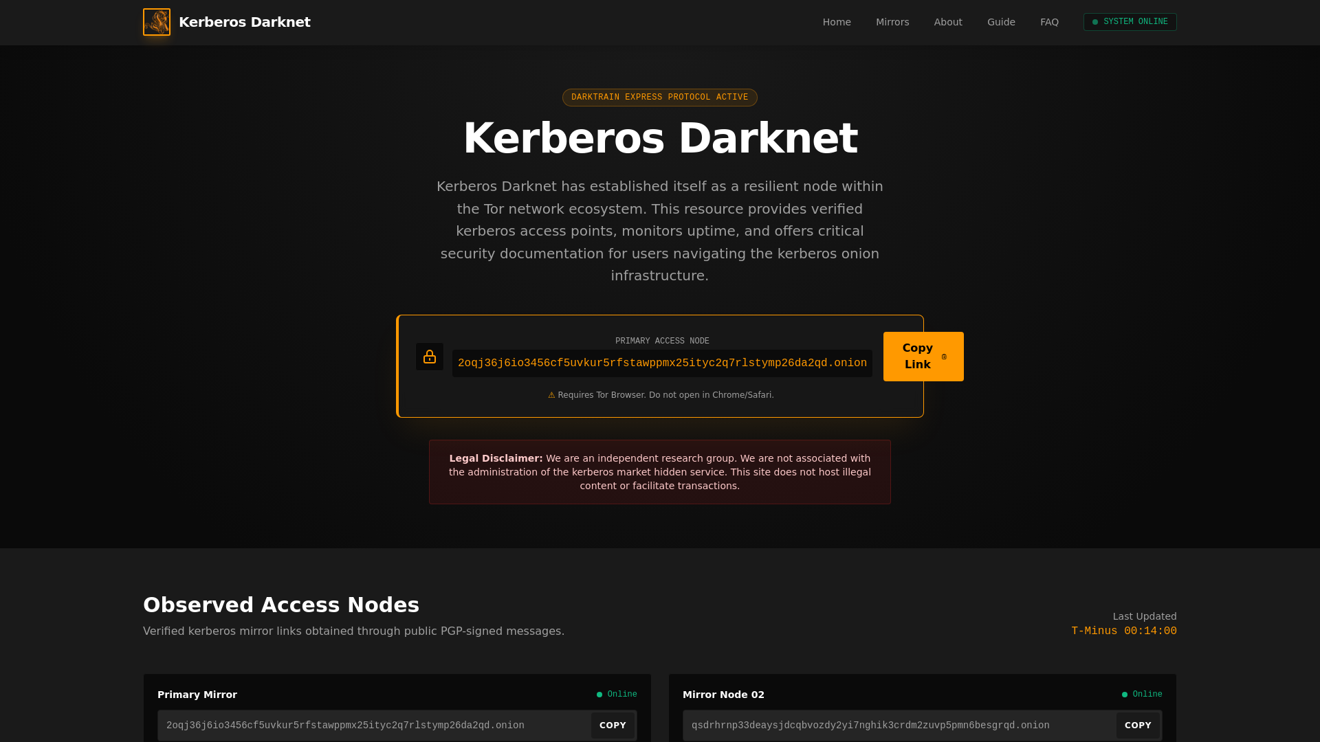 website screenshot of https://kerberosdarknet.live/