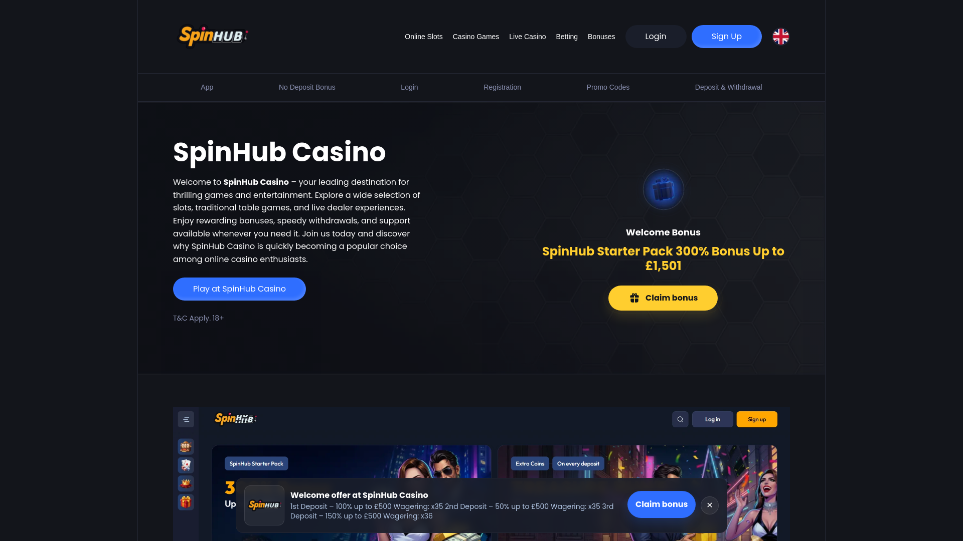 website screenshot of https://spinhubcasino-online.com/