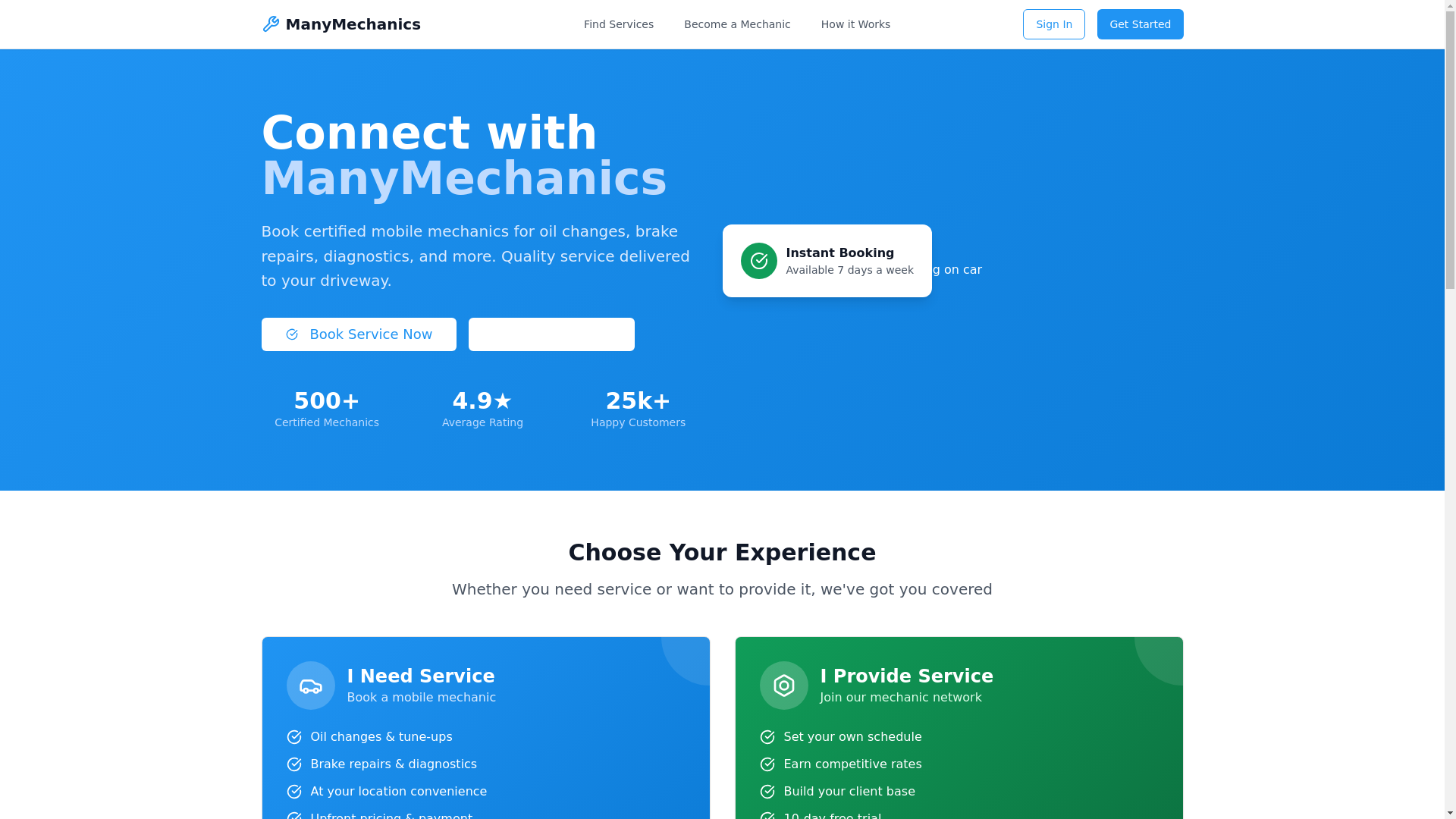 website screenshot of https://manymechanics.com/
