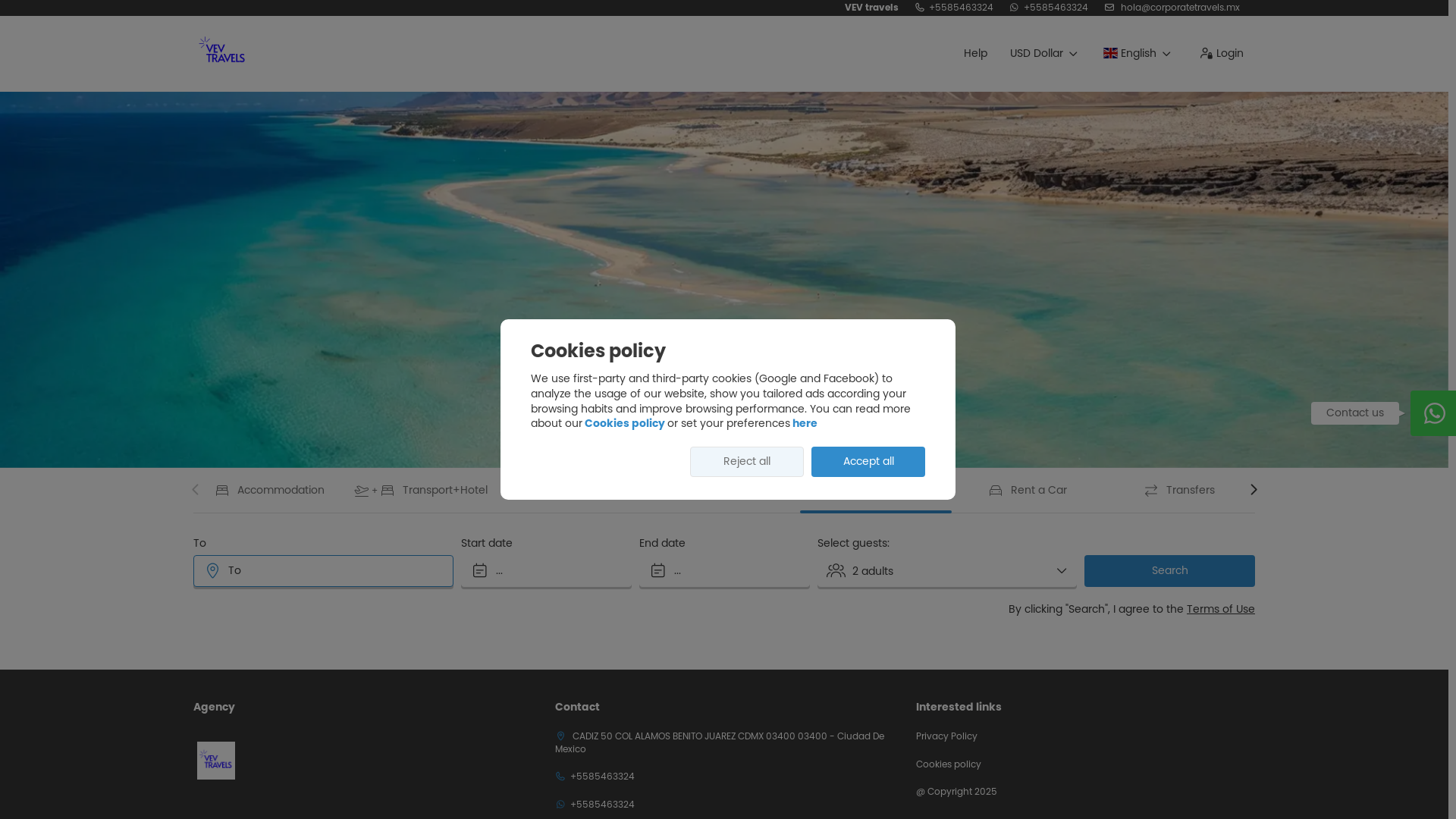 website screenshot of https://vevtravels.mx/
