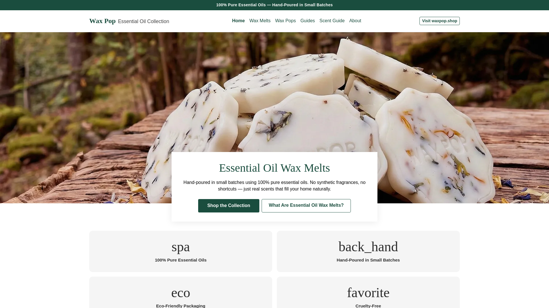 website screenshot of https://essentialoilwaxmelts.com/