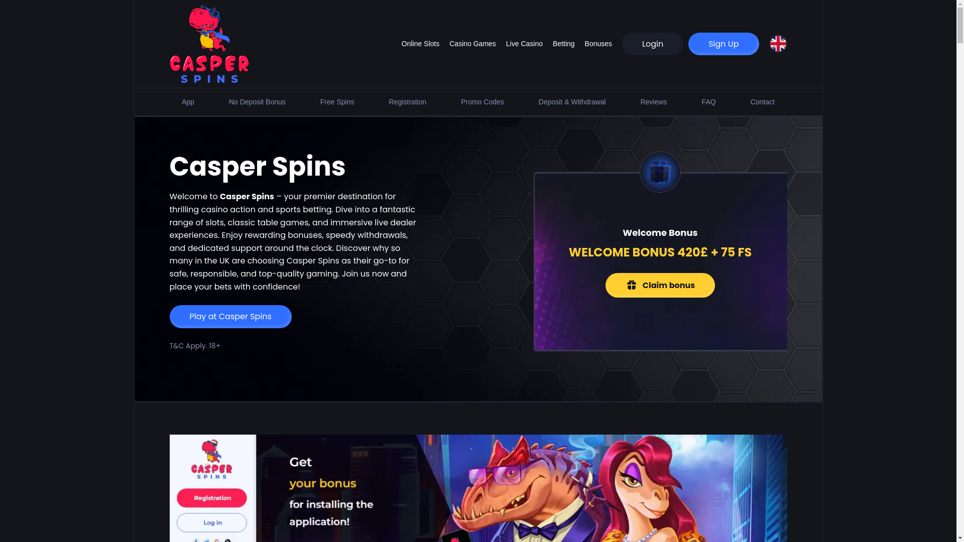 website screenshot of https://casperspins-casino.co.uk/
