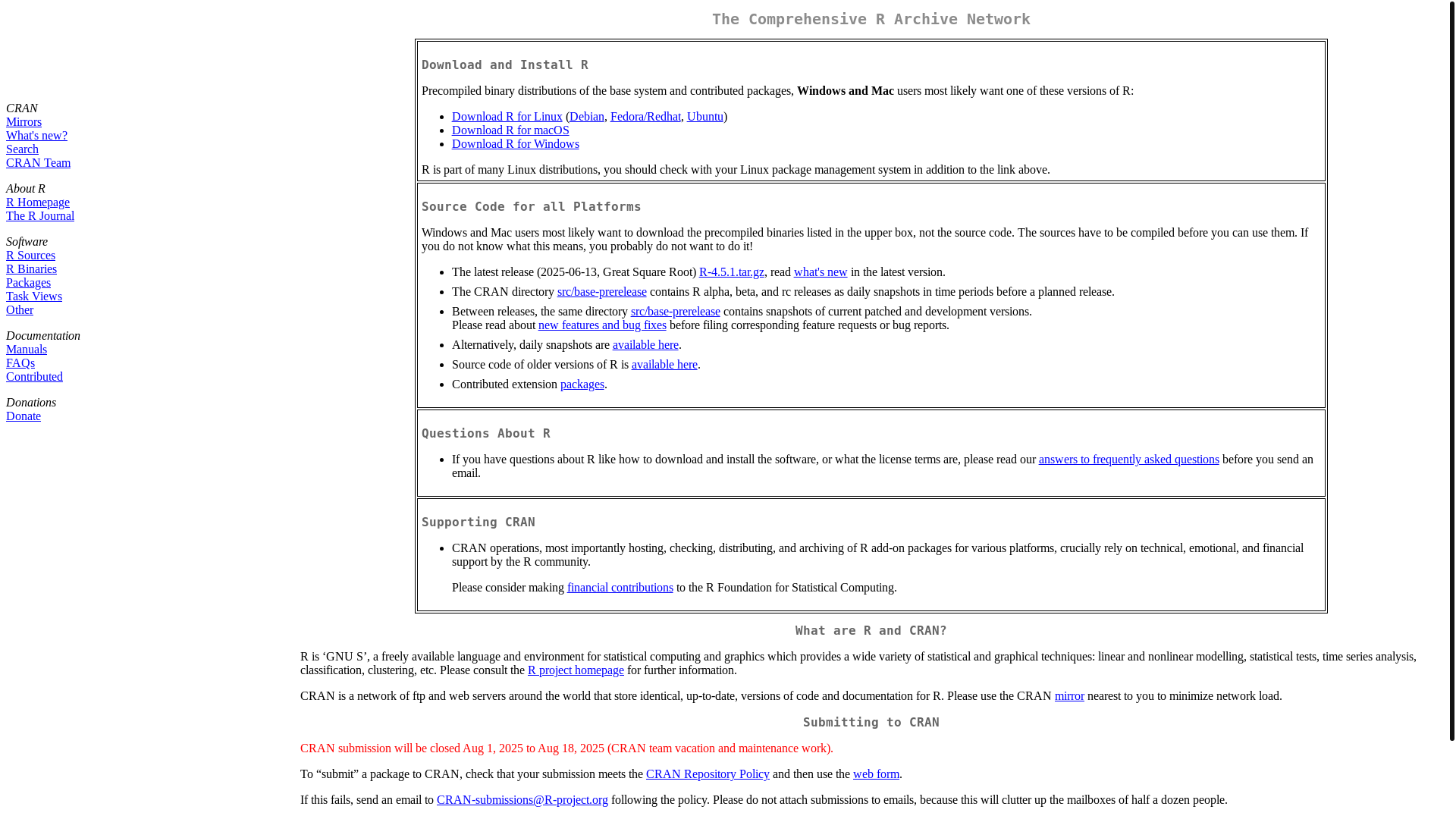 website screenshot of https://cran.r-project.org/