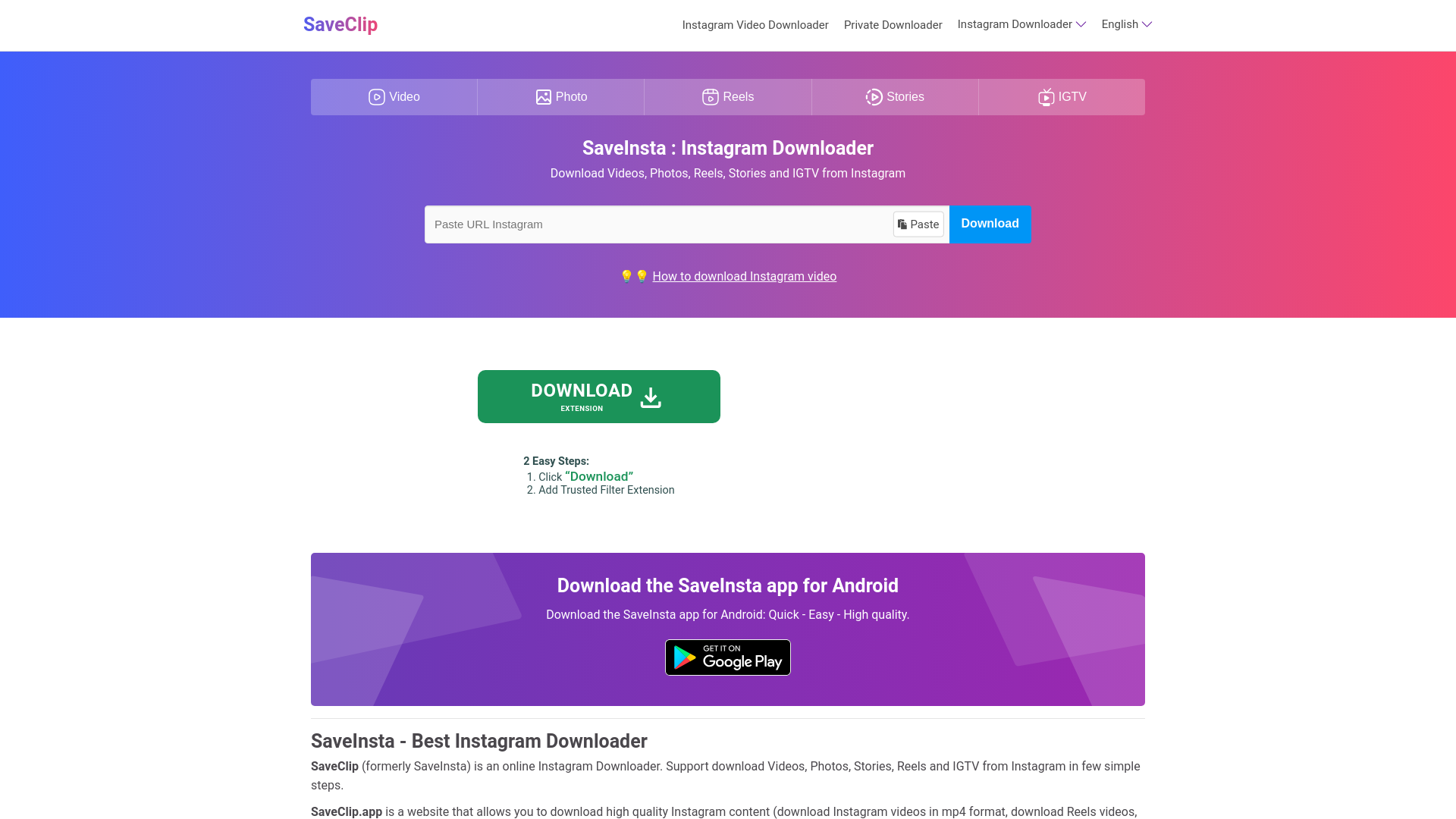 website screenshot of https://saveclip.app
