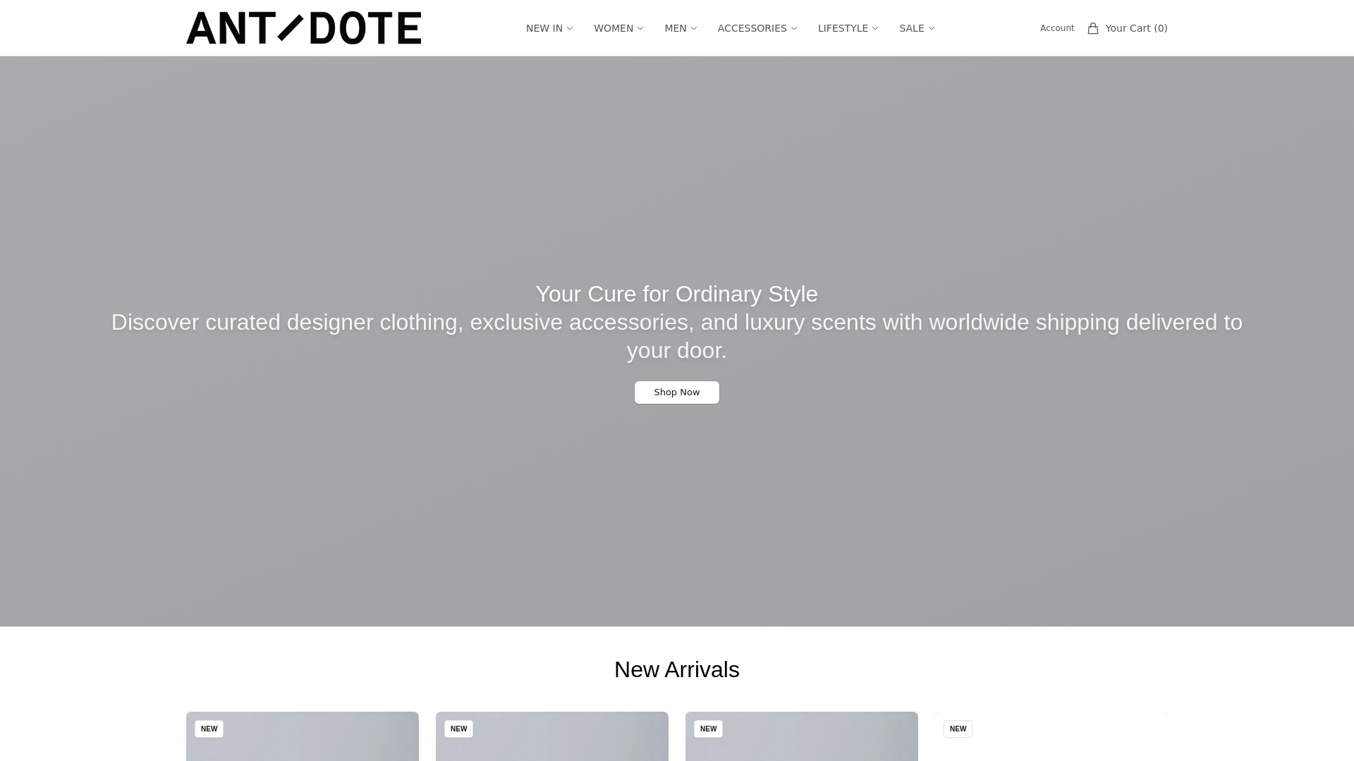 website screenshot of https://antidotestylehq.shop/
