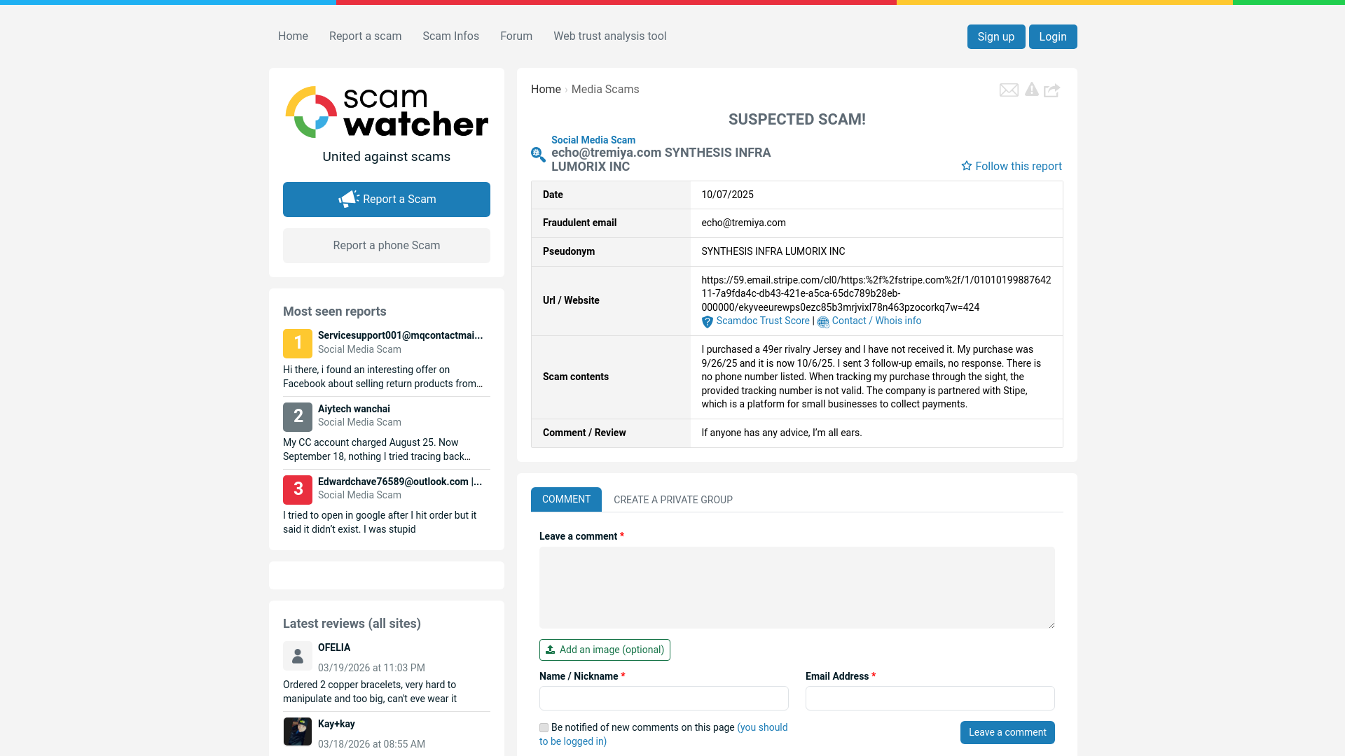 website screenshot of https://www.bing.com/ck/a?!&&p=c48dd94fc99d8034180273a4595d53015eec2b34d578c9cd1c394808d8de9c01JmltdHM9MTc3NDIyNDAwMA&ptn=3&ver=2&hsh=4&fclid=37be460c-2495-6014-2e2d-5129251b61f8&psq=59.email.stripe&u=a1aHR0cHM6Ly93d3cuc2NhbXdhdGNoZXIuY29tL3NjYW0vdmlldy84Nzg5MjU