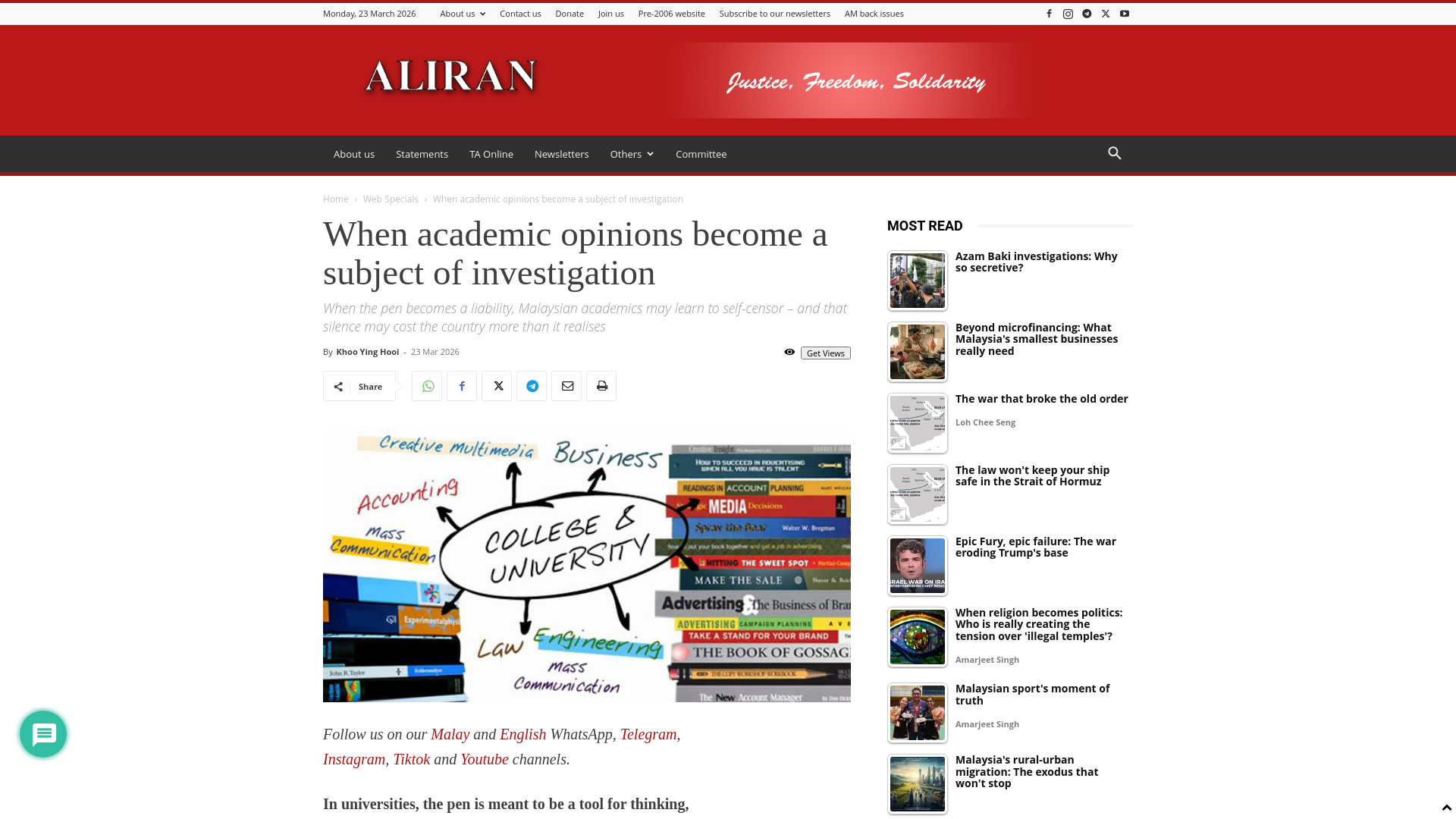 website screenshot of https://aliran.com/web-specials/when-academic-opinions-become-a-subject-of-investigation