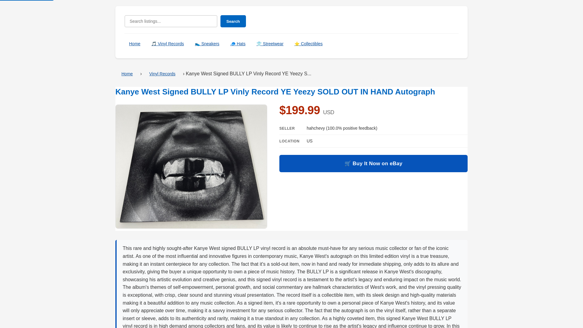 website screenshot of https://bamprofits.com/kanye-west-signed-bully-lp-vinly-record-ye-yeezy-sold-out-in-hand-autograph