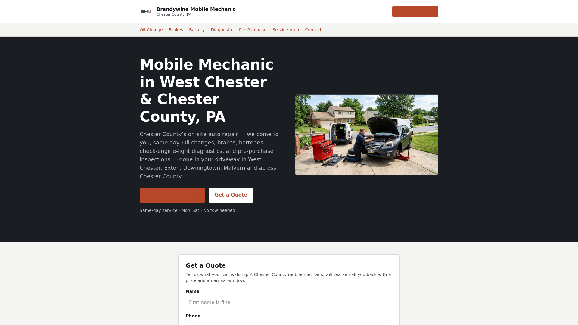 website screenshot of https://brandywinemobilemechanic.com/