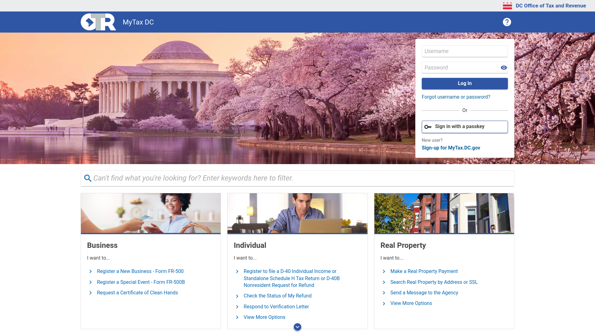 website screenshot of https://mytax.dc.gov/_/