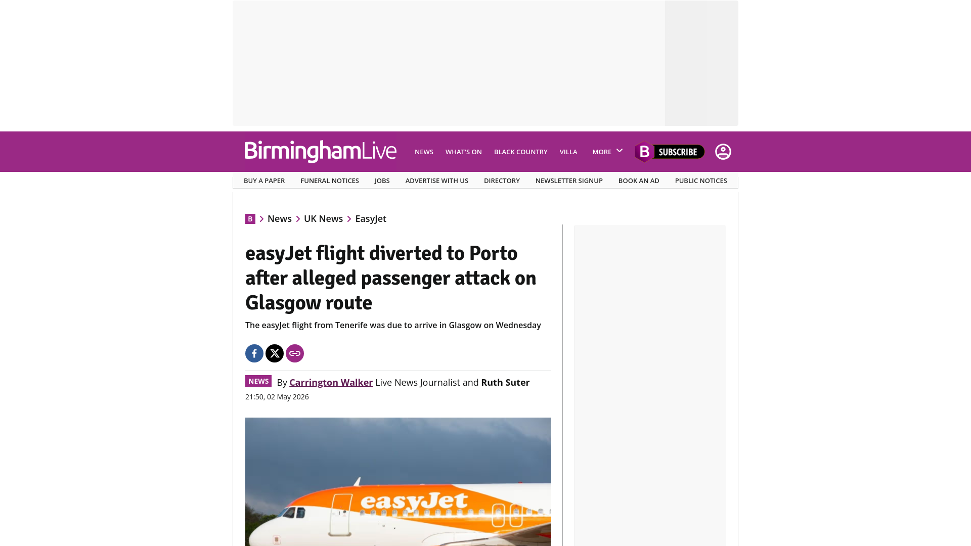 website screenshot of https://www.birminghammail.co.uk/news/uk-news/easyjet-flight-diverted-porto-after-33879587