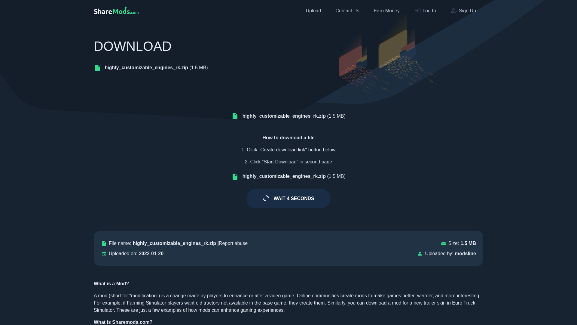 website screenshot of https://sharemods.com/qji4qp9cs8wc/highly_customizable_engines_rk.zip.html