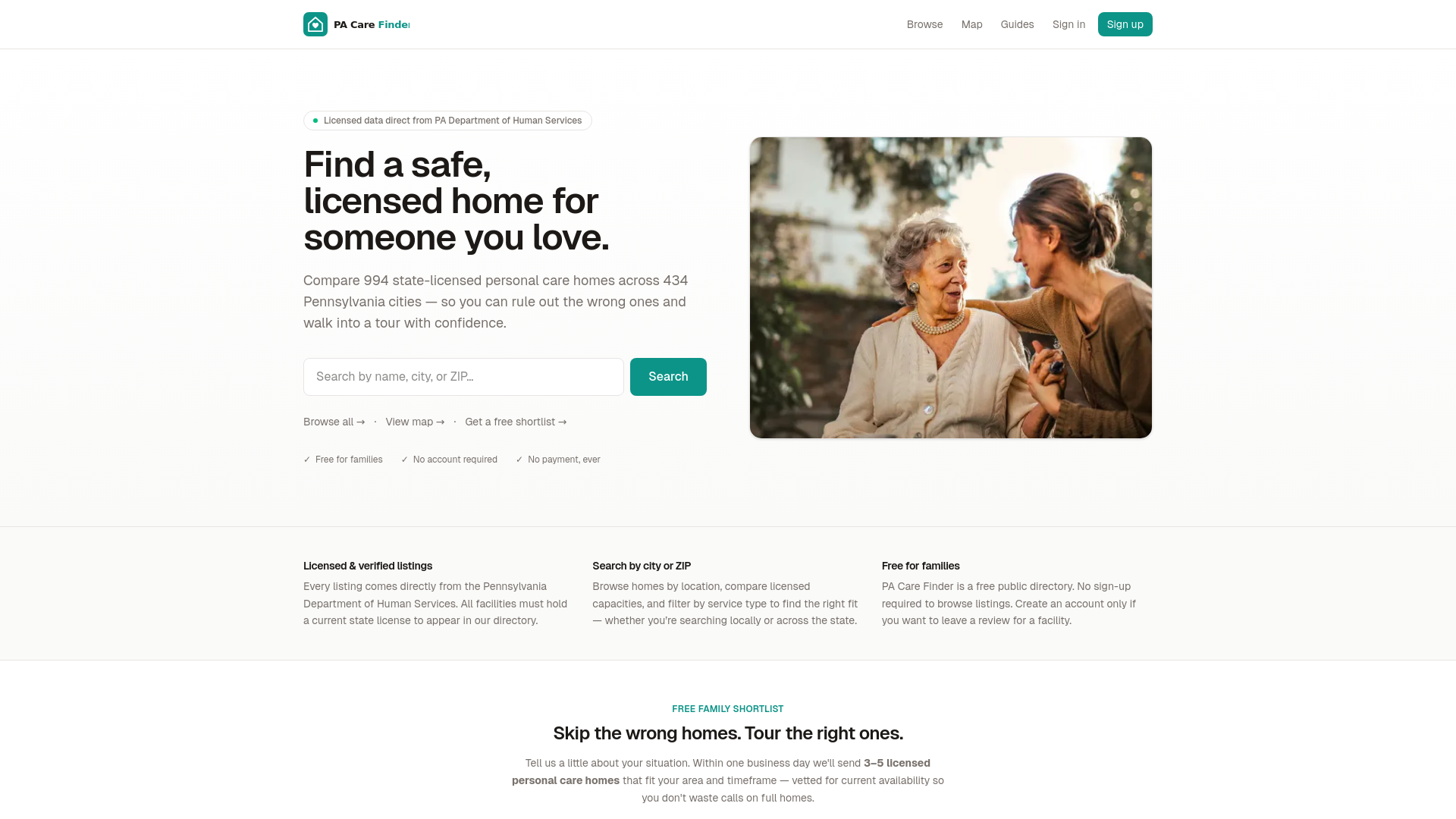 website screenshot of https://pacarefinder.com/