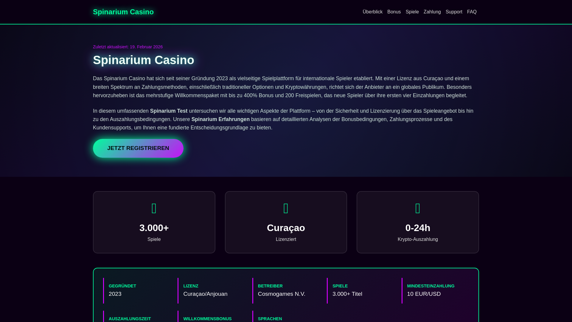 website screenshot of https://spinarium-casino.de/
