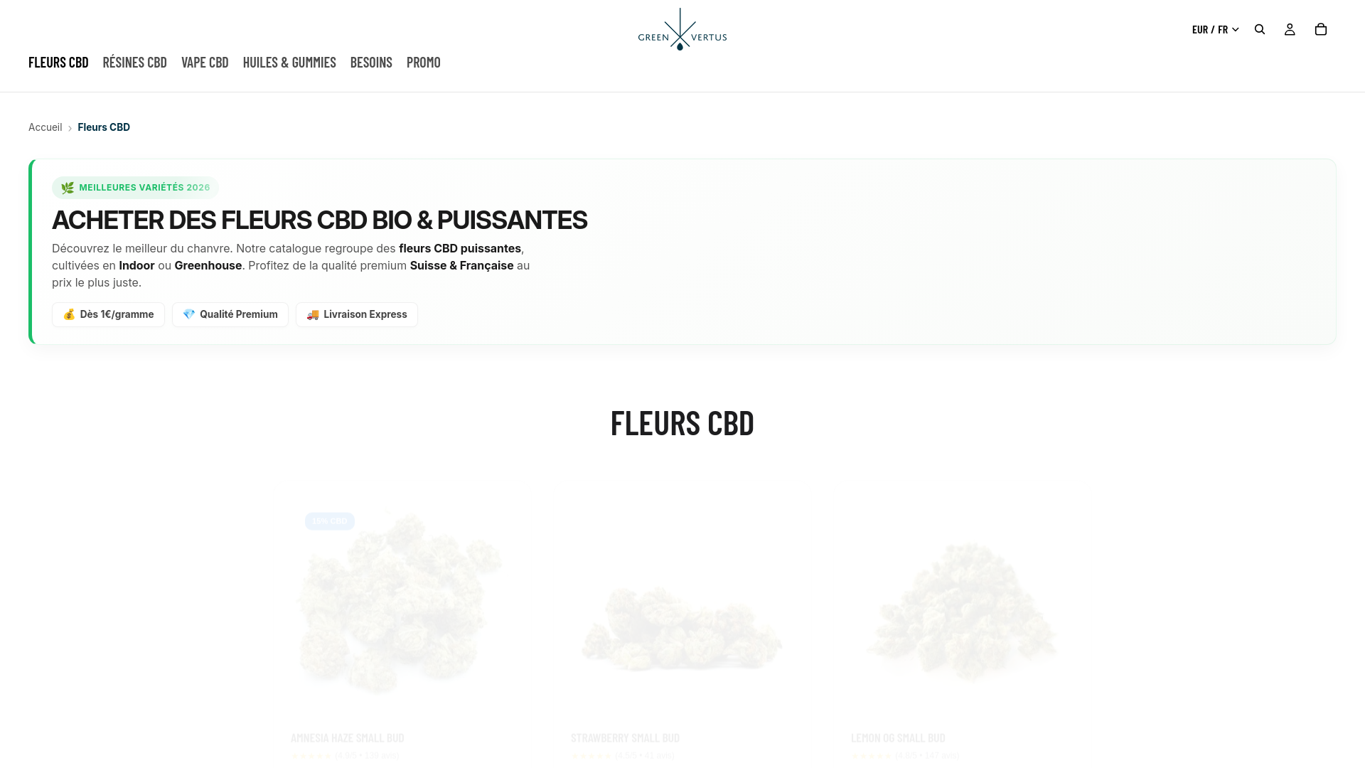 website screenshot of https://greenvertus.fr/collections/fleurs-cbd