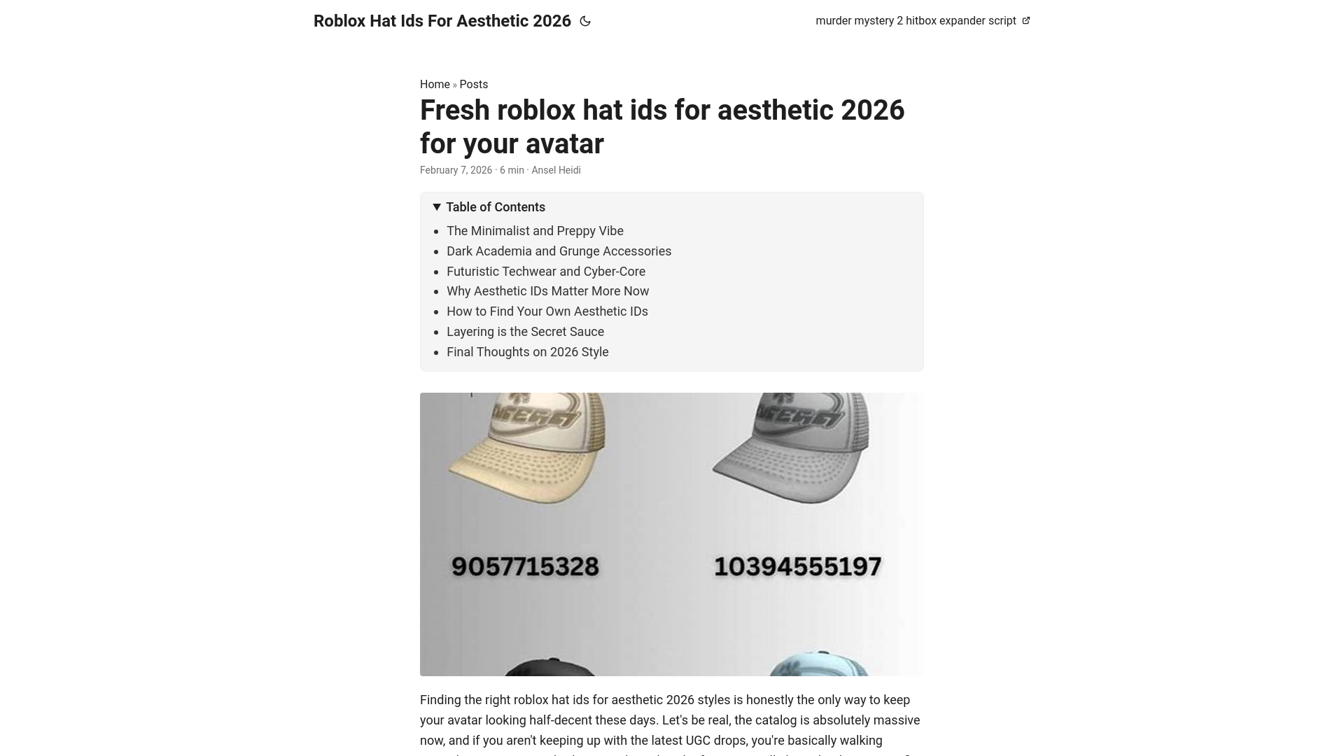 website screenshot of https://roblox-hat-ids-for-aesthetic-2026.pages.dev/
