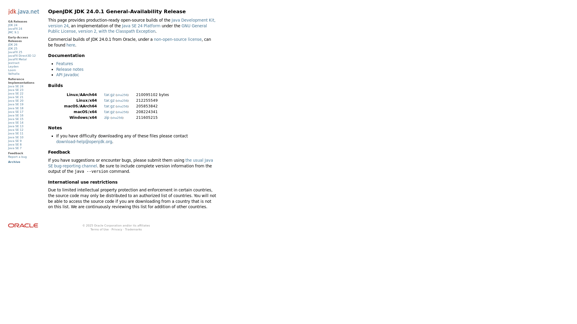 website screenshot of https://jdk.java.net/24/