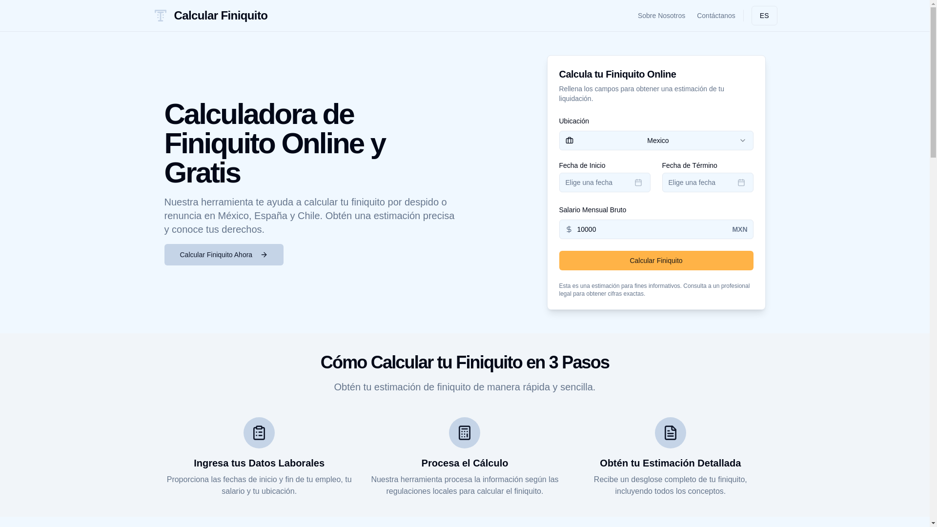 website screenshot of https://finiquitocalcular.com/