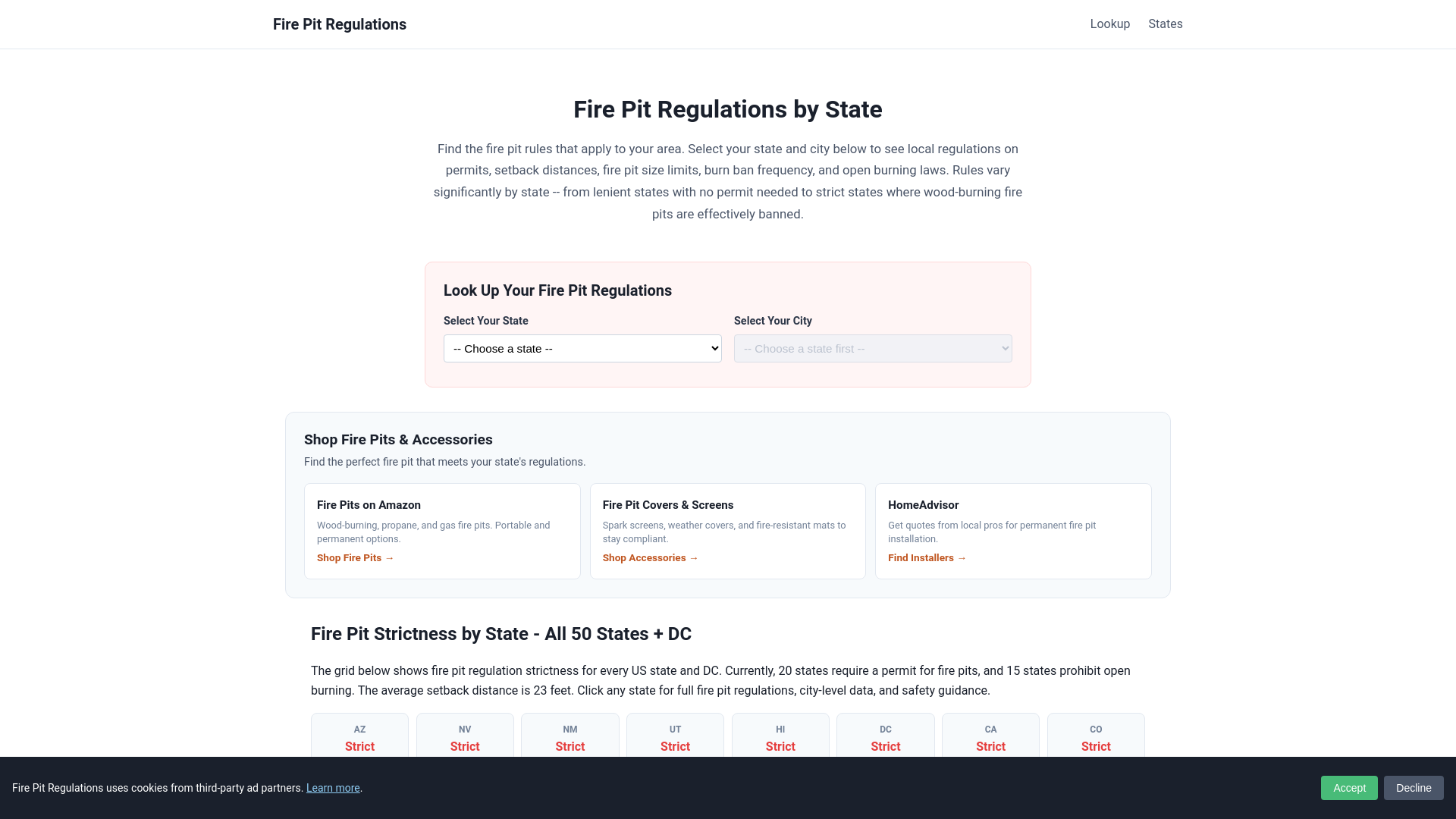 website screenshot of https://fire-pit-lookup.pages.dev/