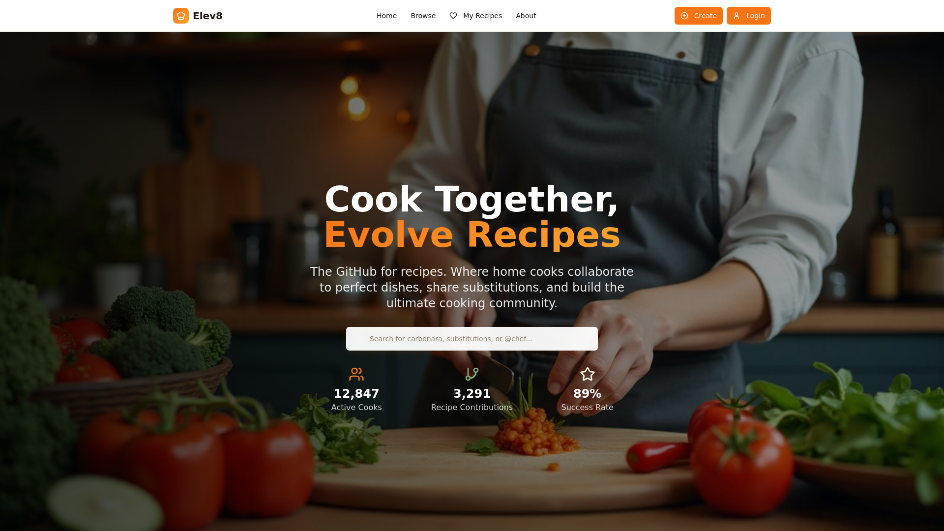 website screenshot of https://elev8.cooking/
