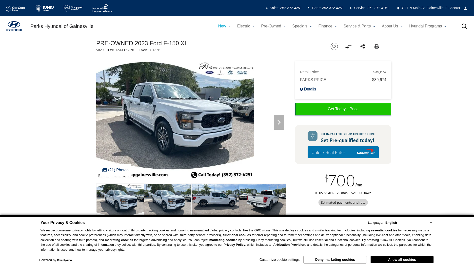 website screenshot of https://www.hyundaiofgainesville.com/inventory/1FTEW1CP2PFC17091/?store={store_code}
