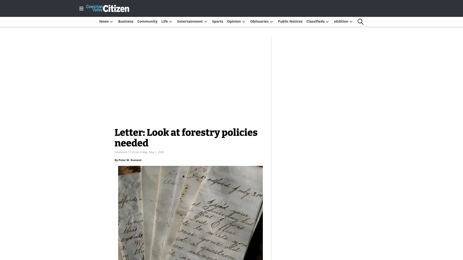 website screenshot of https://cowichanvalleycitizen.com/2026/05/01/letter-look-at-forestry-policies-needed/