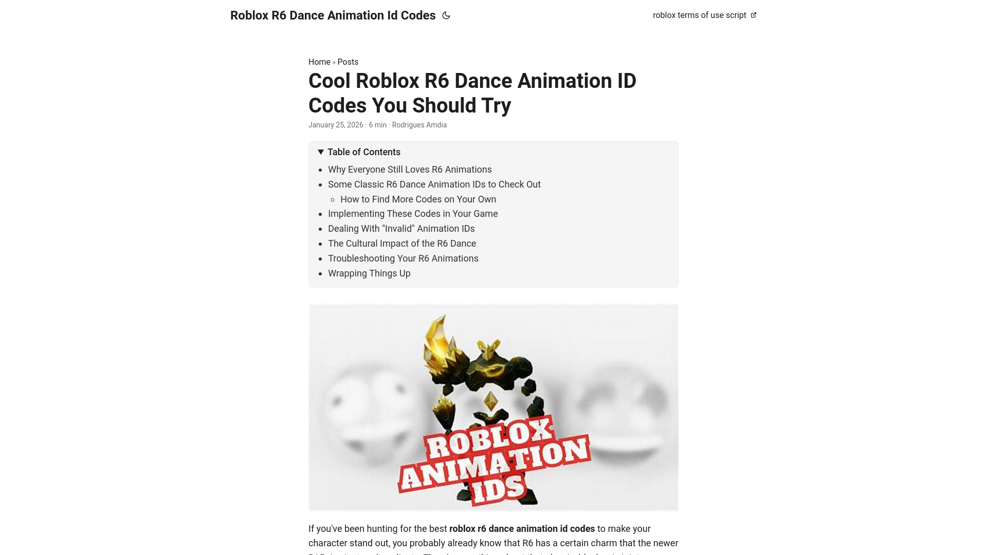 website screenshot of https://roblox-r6-dance-animation-id-codes.pages.dev/