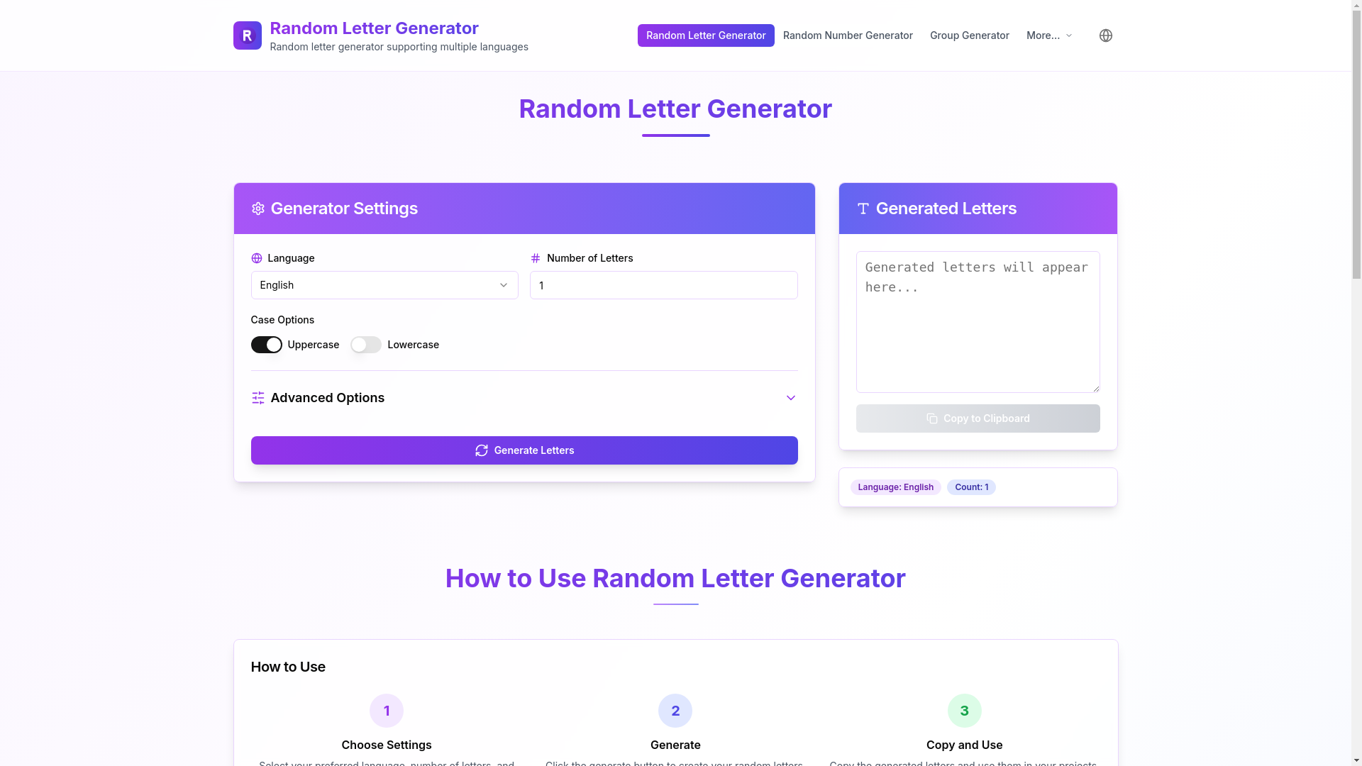 website screenshot of https://random-letter-generator.pages.dev/