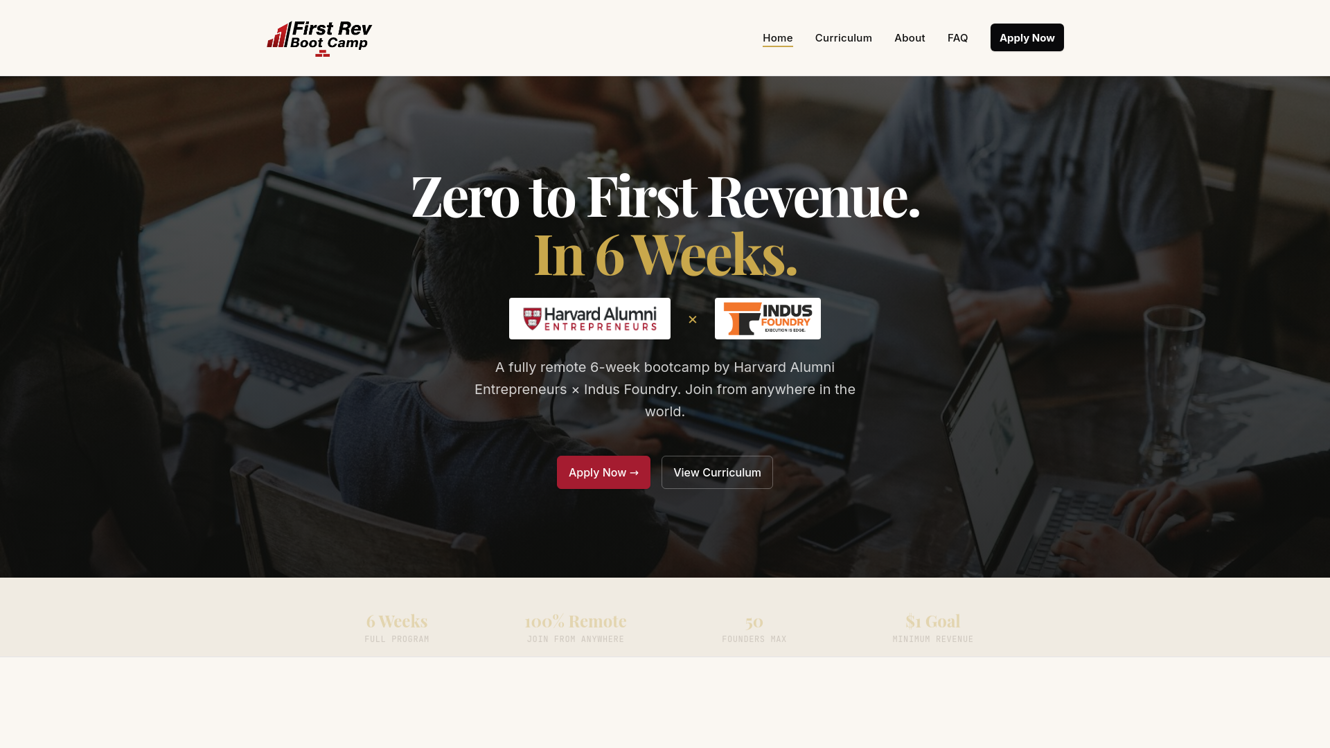 website screenshot of https://firstrevbootcamp.com