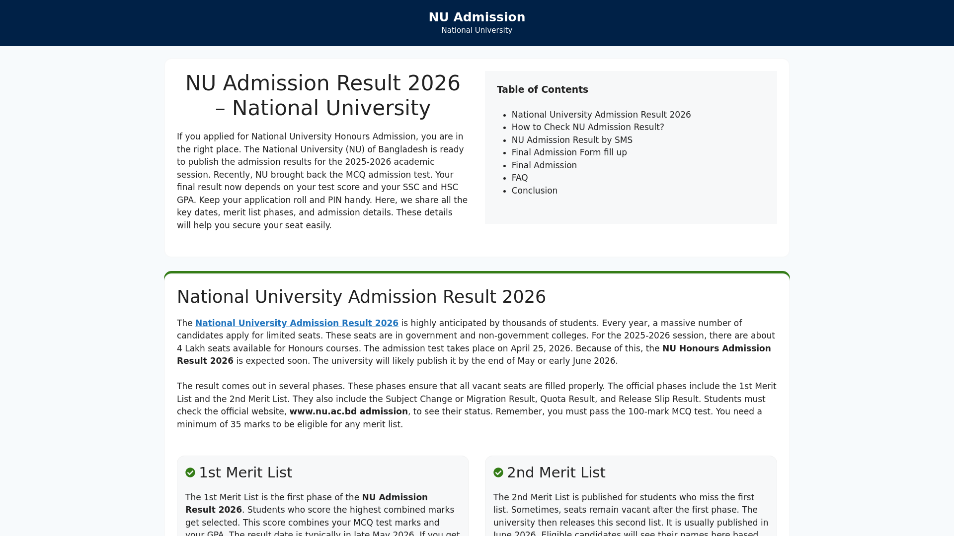 website screenshot of https://nuadmission.links.bd/