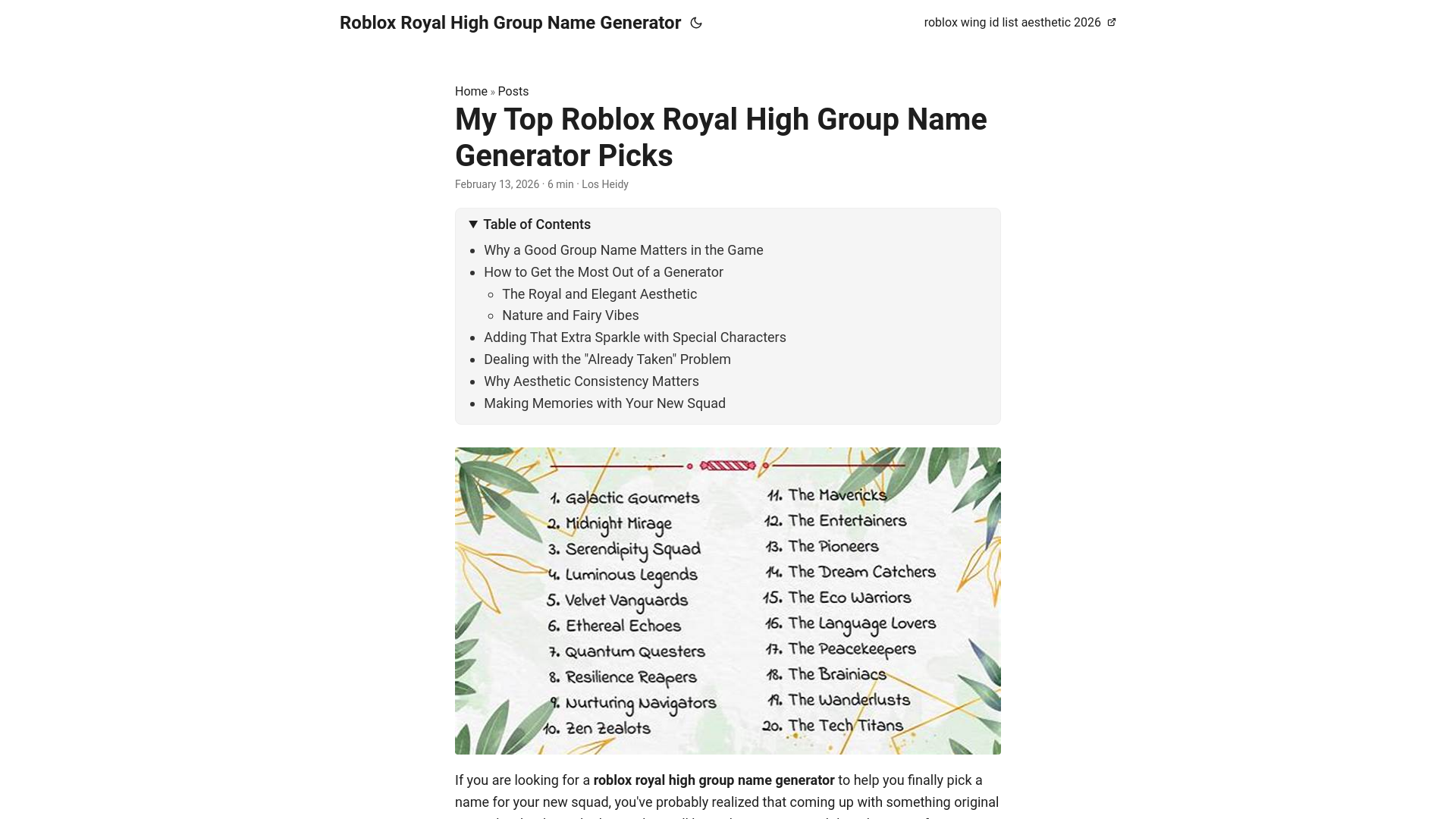 website screenshot of https://roblox-royal-high-group-name-generator.pages.dev/