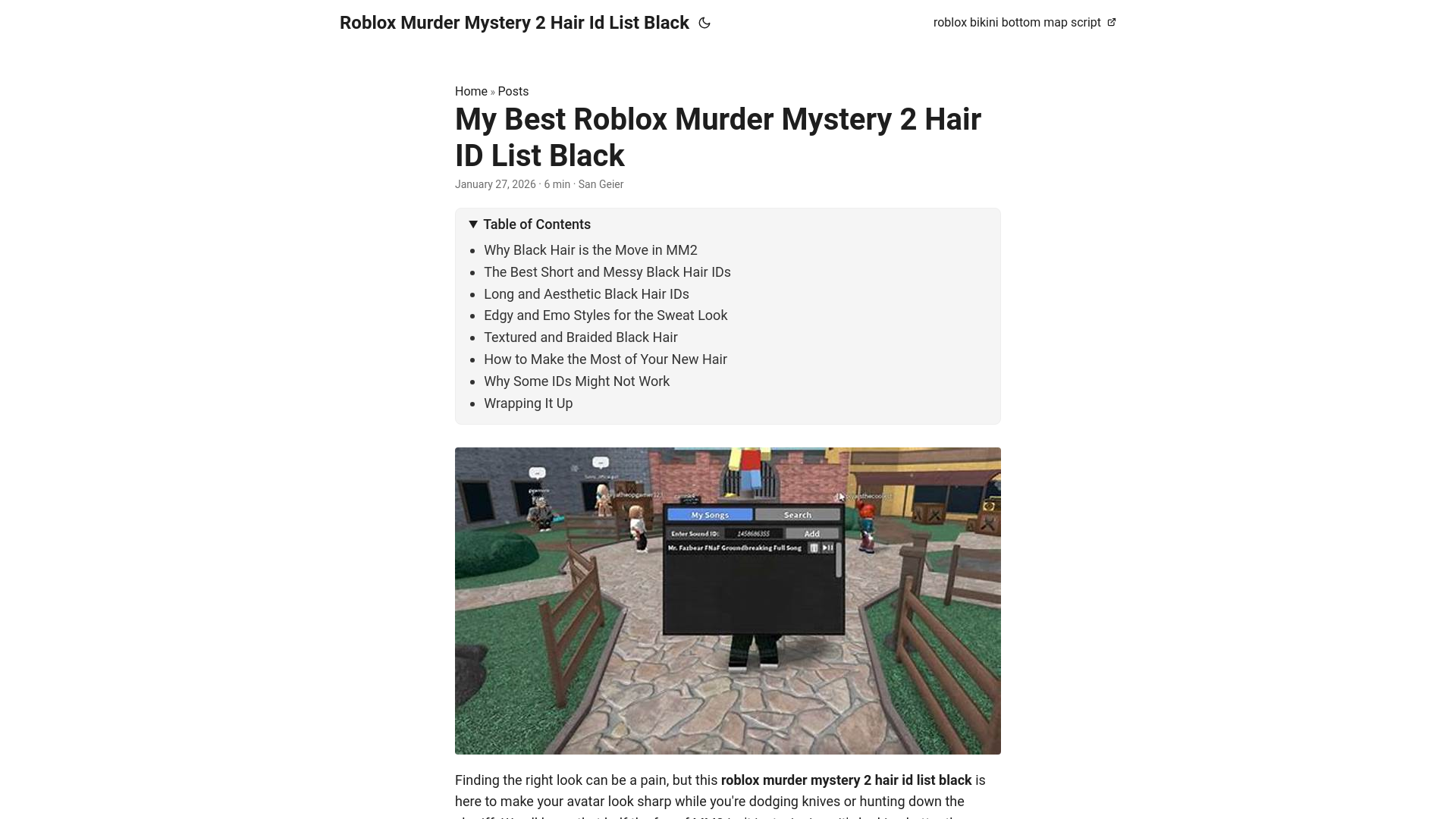 website screenshot of https://roblox-murder-mystery-2-hair-id-list-black.pages.dev/