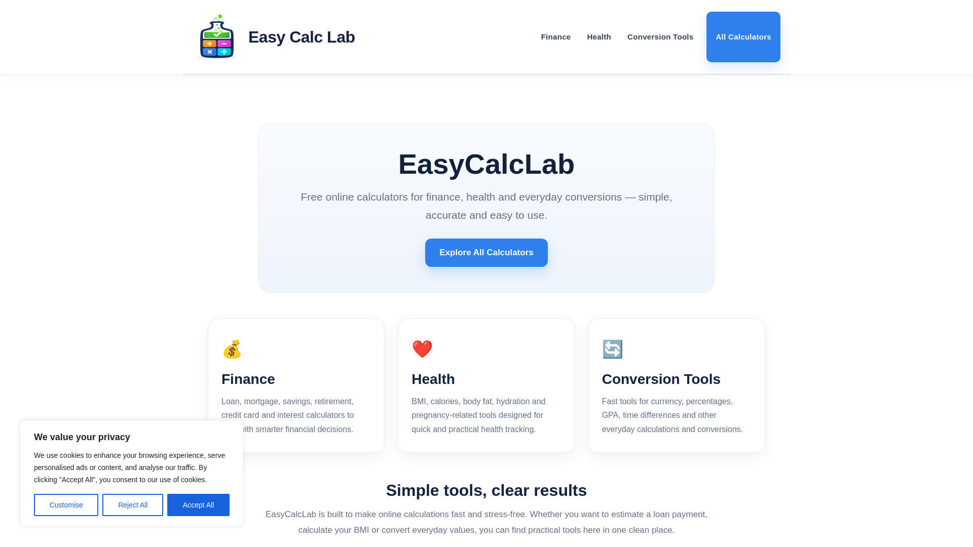 website screenshot of https://easycalclab.com/