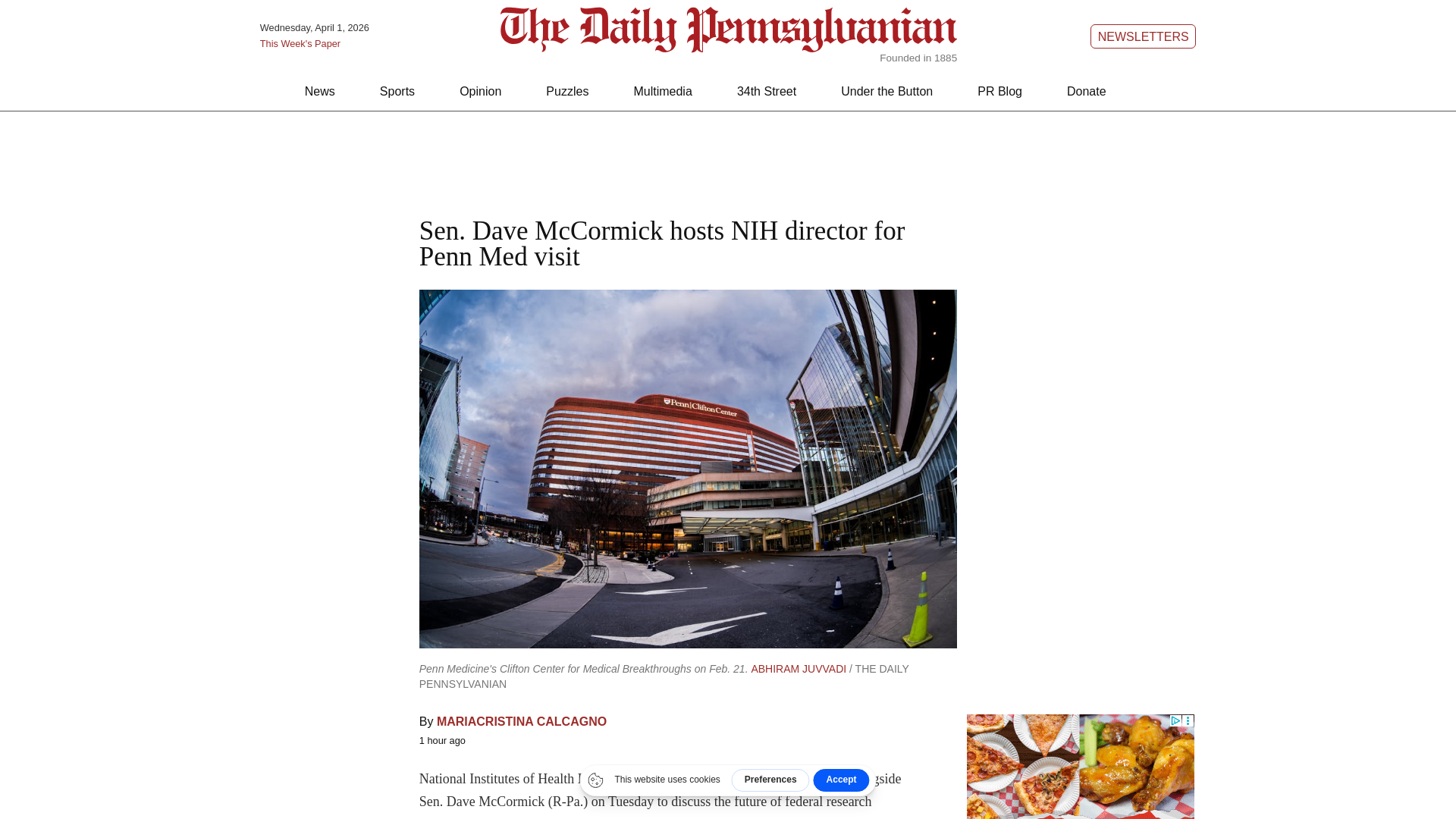 website screenshot of https://www.thedp.com/article/2026/04/penn-medicine-nih-director-bhattacharya-mccormick-visit-funding-research