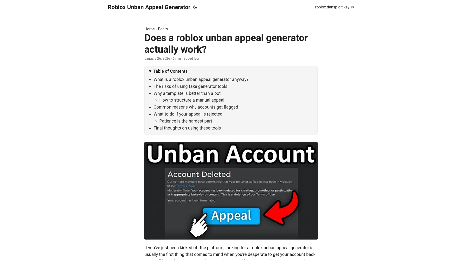 website screenshot of https://roblox-unban-appeal-generator.pages.dev/